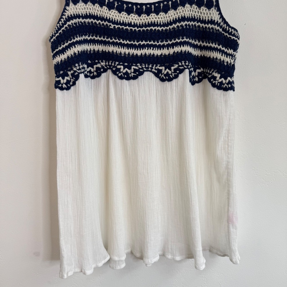 Calypso‎ St Barth Crochet Gauze Tank Top M Lace Up Back White Navy Boho Coastal - Picture 3 of 10